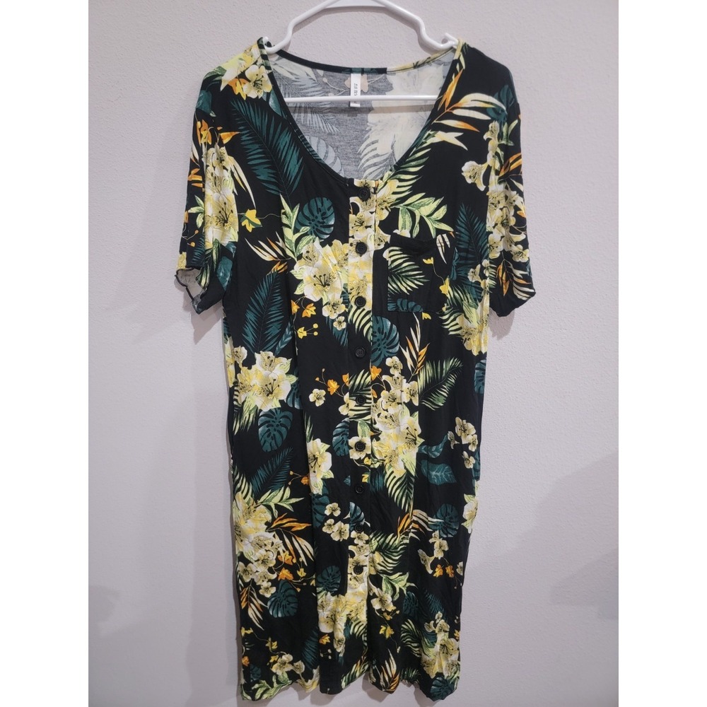 DB MOON Womens Black Floral Pattern Hawaiian Tropical Midi Dress‎ XL Pockets
